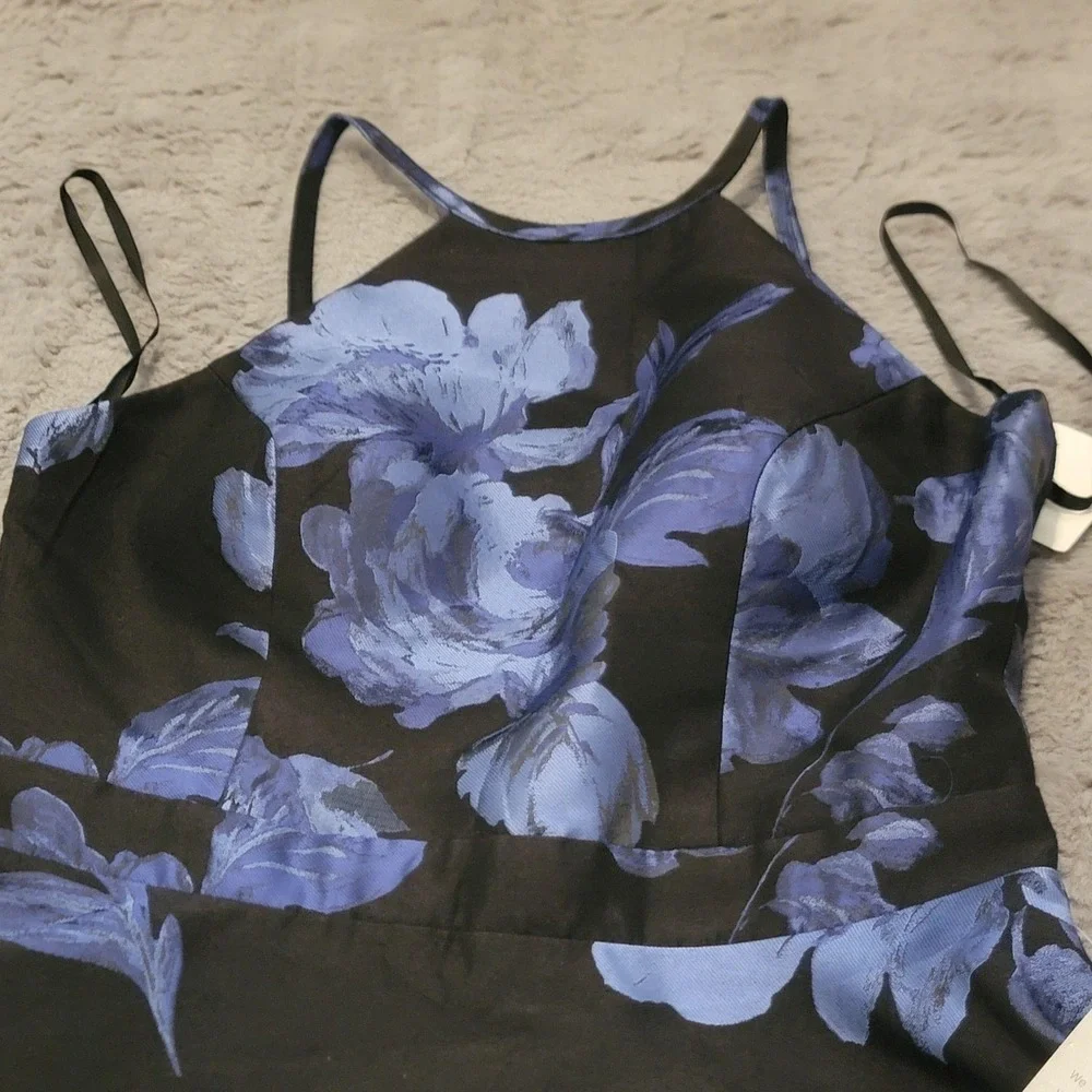 Xscape Dress Womens 6 Black Blue Floral Halter Fit & Flare‎ Jacquard Cocktail
